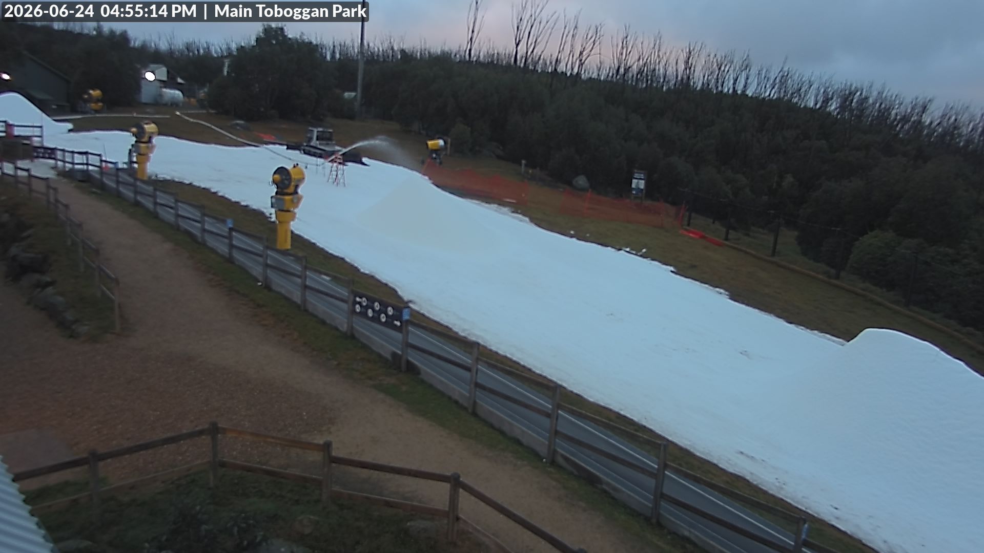 Lake Mountain Village Toboggan Run snow cam captured at 24 June 2026 at 4:58 pm AEST
