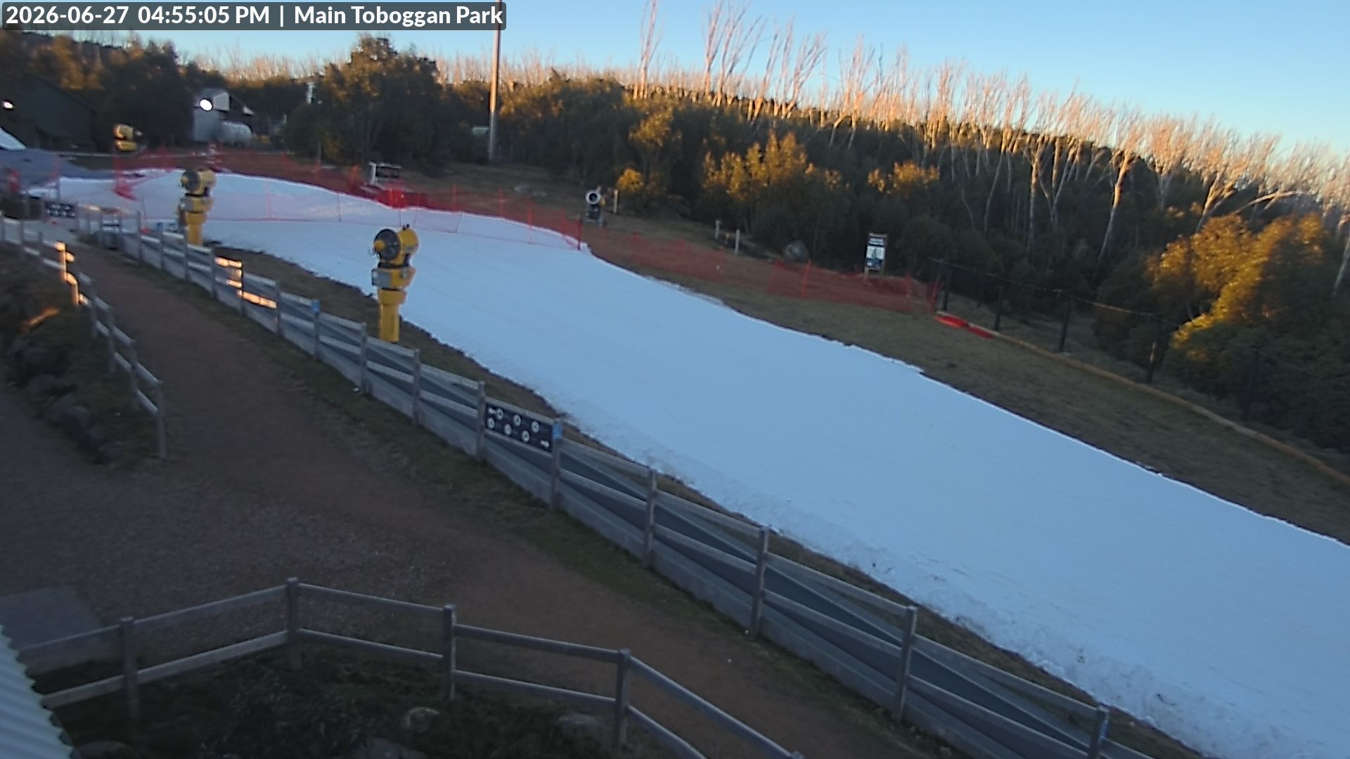 Lake Mountain Village Toboggan Run snow cam captured at 27 June 2026 at 4:56 pm AEST