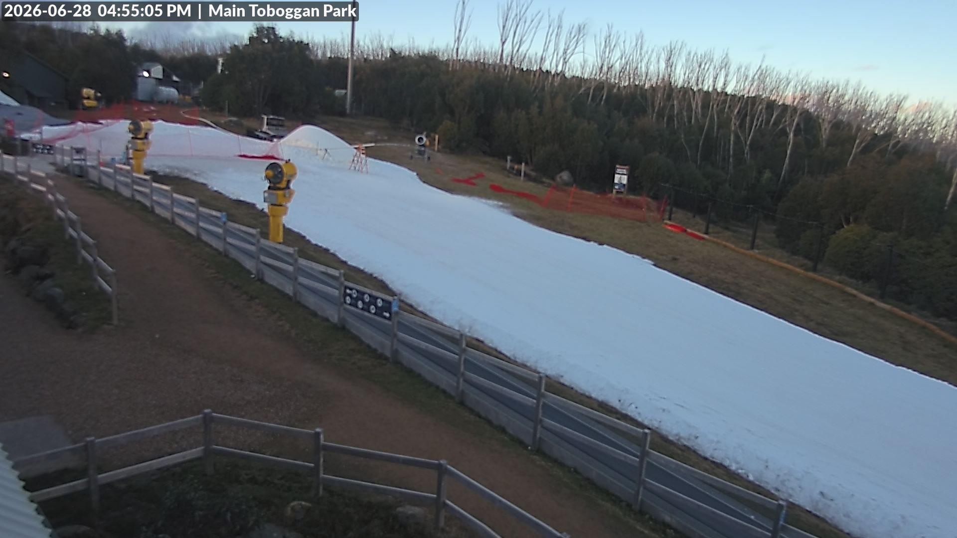 Lake Mountain Village Toboggan Run snow cam captured at 28 June 2026 at 4:55 pm AEST