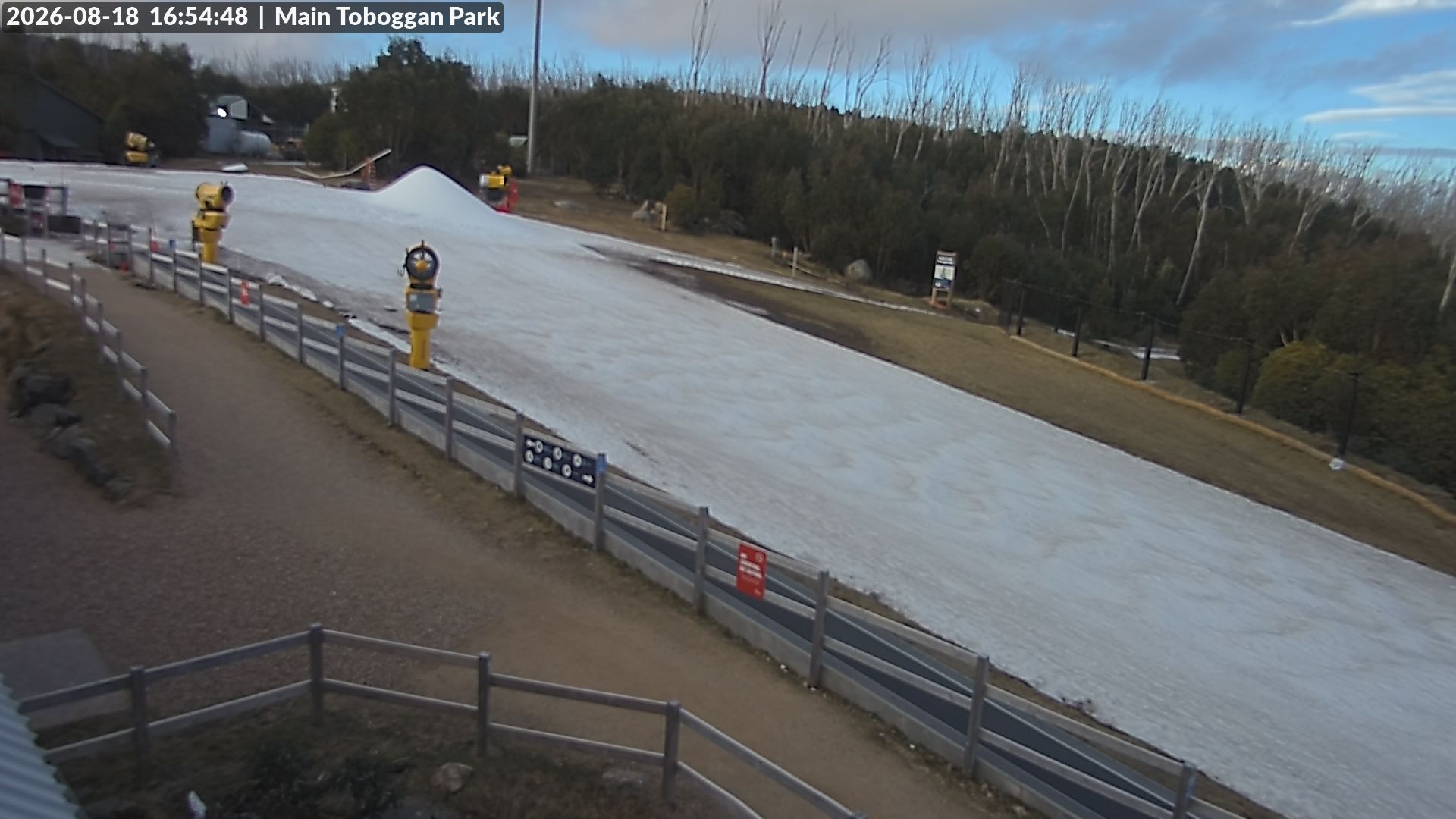 Lake Mountain Village Toboggan Run snow cam captured at 18 August 2026 at 4:55 pm AEST
