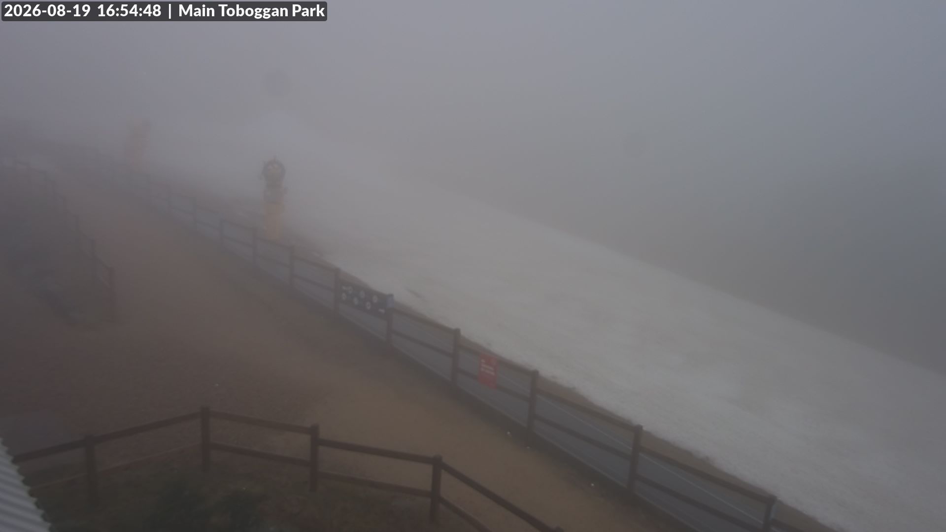 Lake Mountain Village Toboggan Run snow cam captured at 19 August 2026 at 4:55 pm AEST
