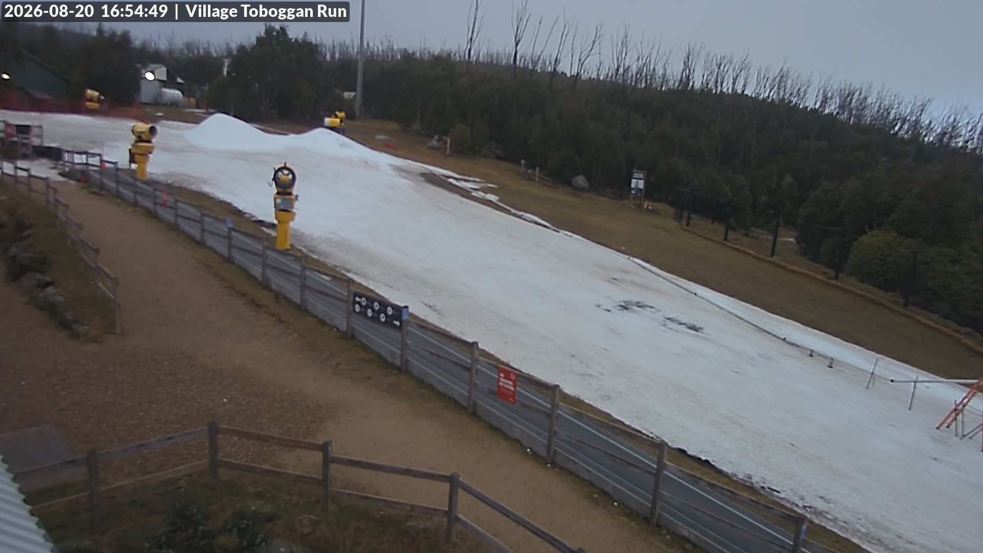Lake Mountain Village Toboggan Run snow cam captured at 20 August 2026 at 4:55 pm AEST