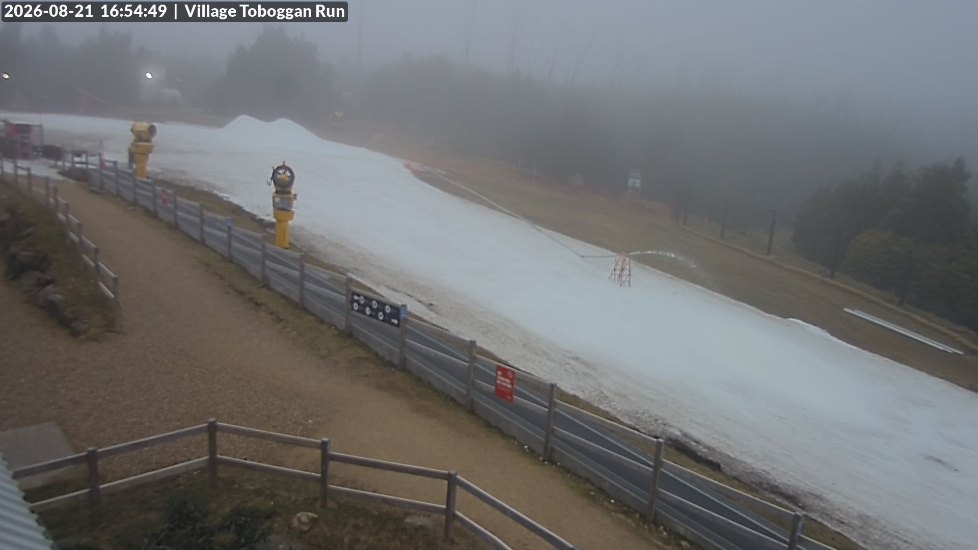 Lake Mountain Village Toboggan Run snow cam captured at 21 August 2026 at 4:55 pm AEST