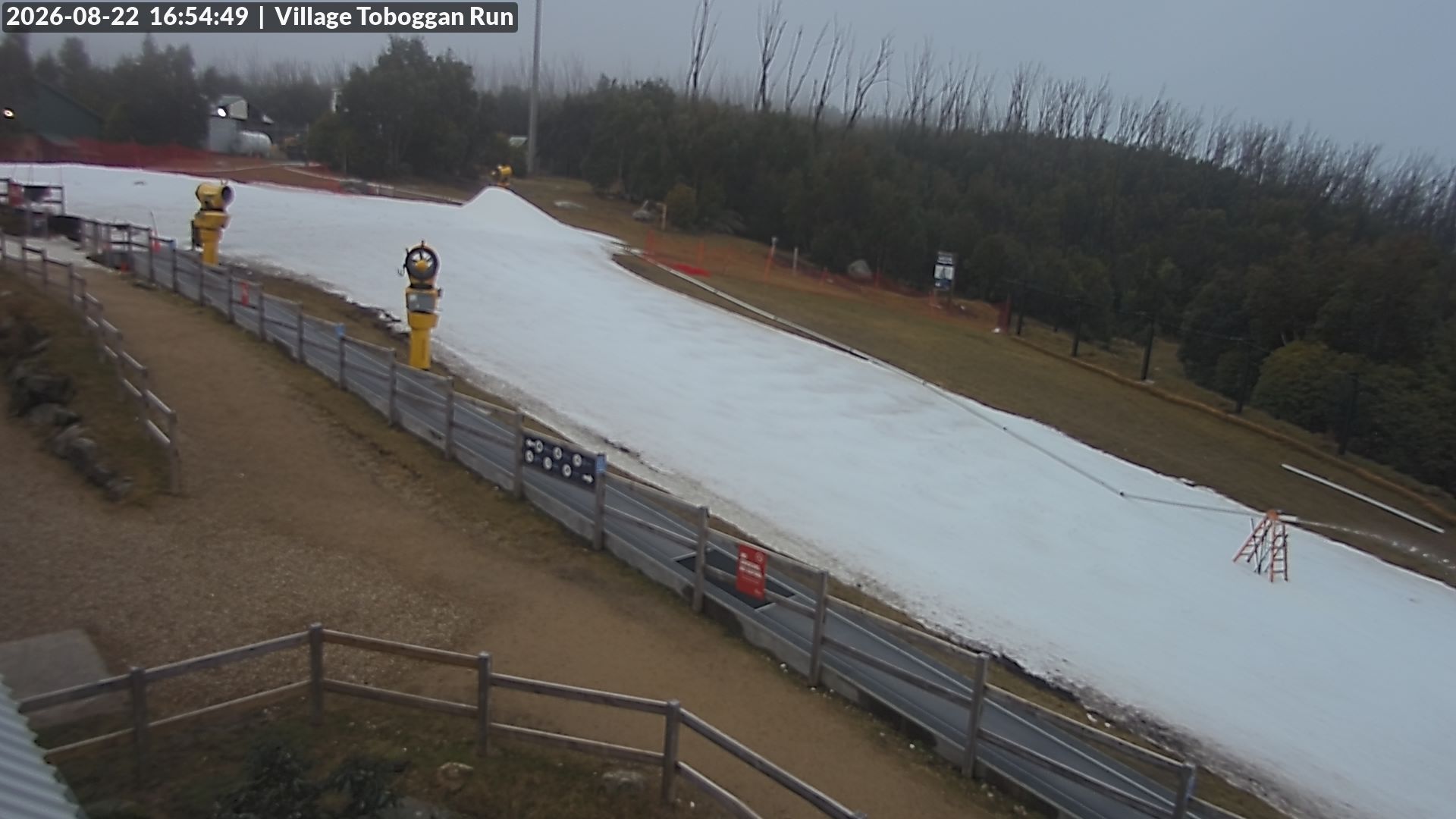 Lake Mountain Village Toboggan Run snow cam captured at 22 August 2026 at 4:55 pm AEST