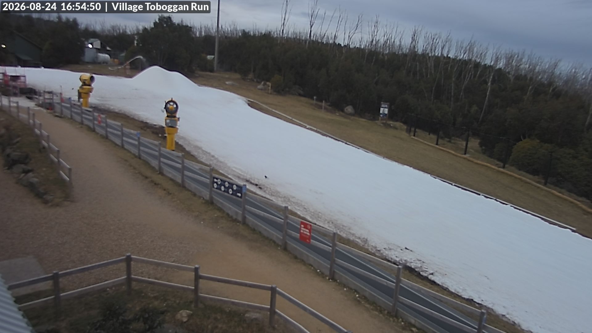 Lake Mountain Village Toboggan Run snow cam captured at 24 August 2026 at 4:55 pm AEST