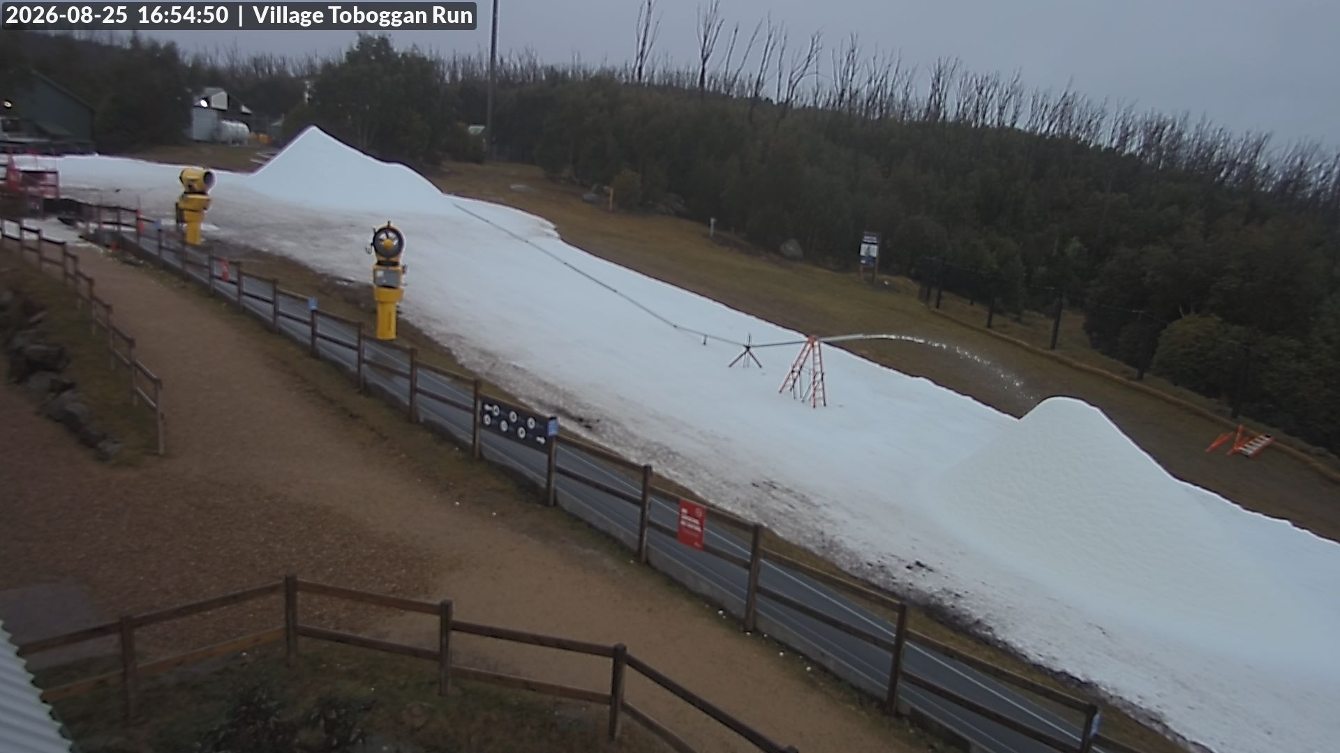 Lake Mountain Village Toboggan Run snow cam captured at 25 August 2026 at 4:55 pm AEST