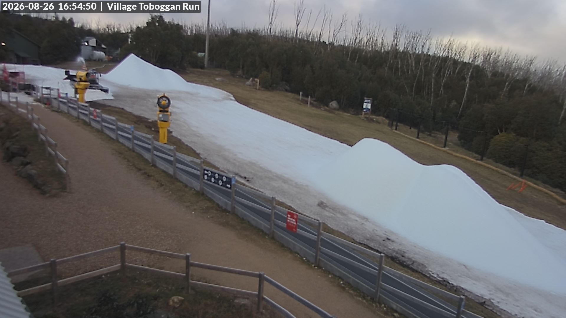 Lake Mountain Village Toboggan Run snow cam captured at 26 August 2026 at 4:55 pm AEST