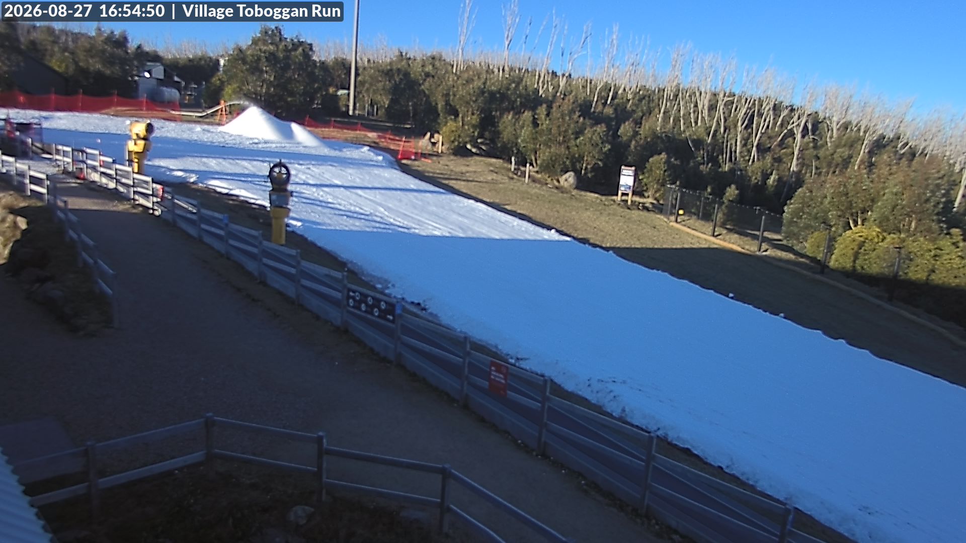 Lake Mountain Village Toboggan Run snow cam captured at 27 August 2026 at 4:55 pm AEST