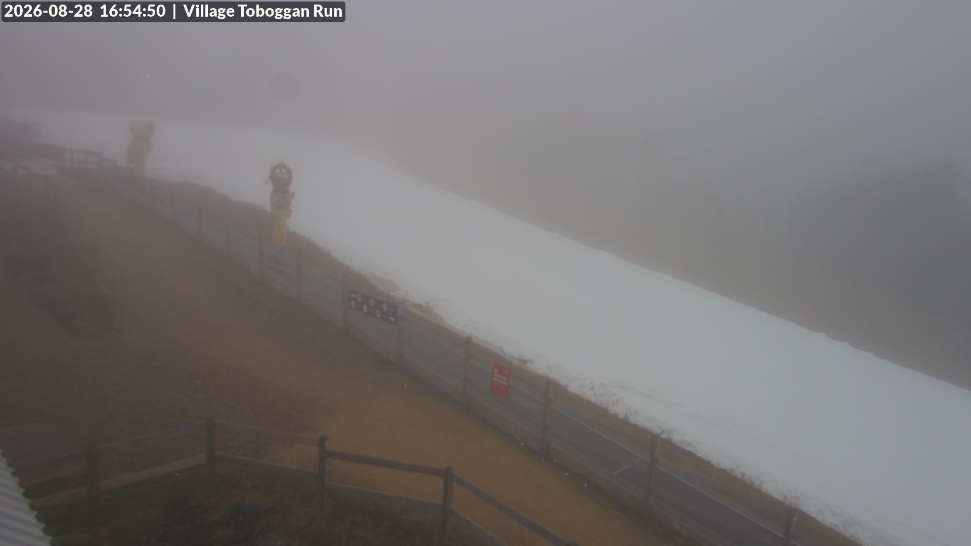 Lake Mountain Village Toboggan Run snow cam captured at 28 August 2026 at 4:55 pm AEST