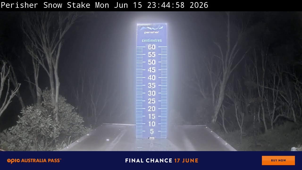 Perisher Snow Stake Live snow cam captured at 15 June 2026 at 11:55 pm AEST