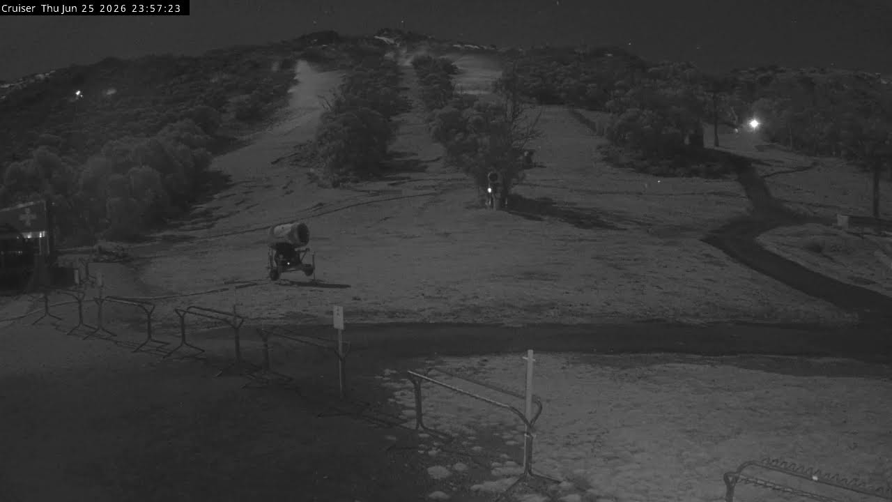 Thredbo Cruiser Area snow cam captured at 25 June 2026 at 11:58 pm AEST