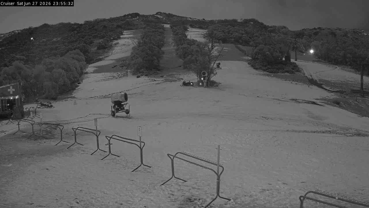 Thredbo Cruiser Area snow cam captured at 27 June 2026 at 11:55 pm AEST