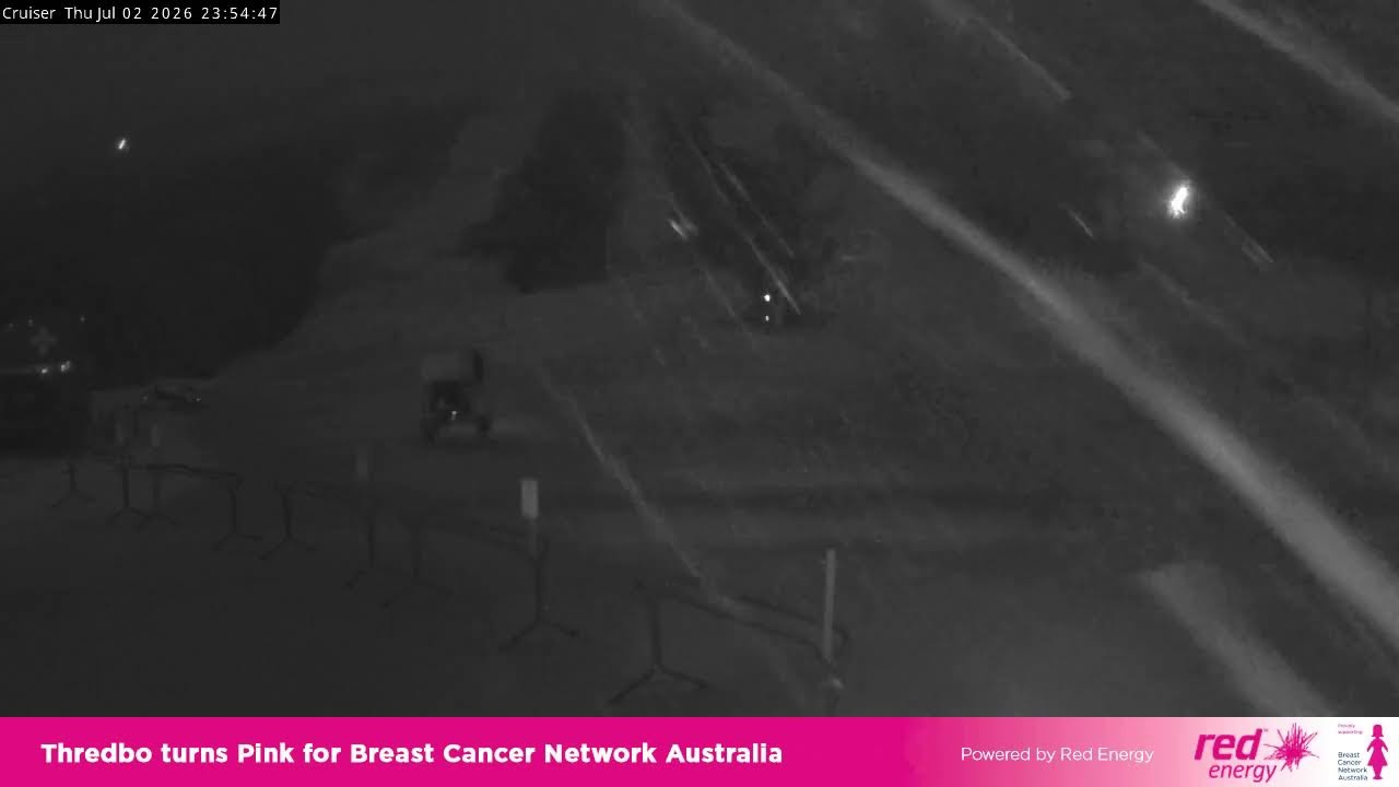 Thredbo Cruiser Area snow cam captured at 2 July 2026 at 11:58 pm AEST