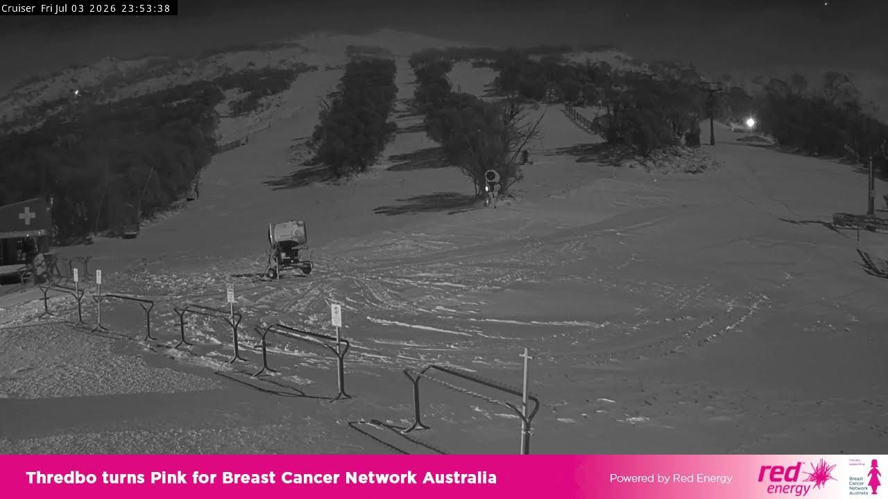 Thredbo Cruiser Area snow cam captured at 3 July 2026 at 11:58 pm AEST