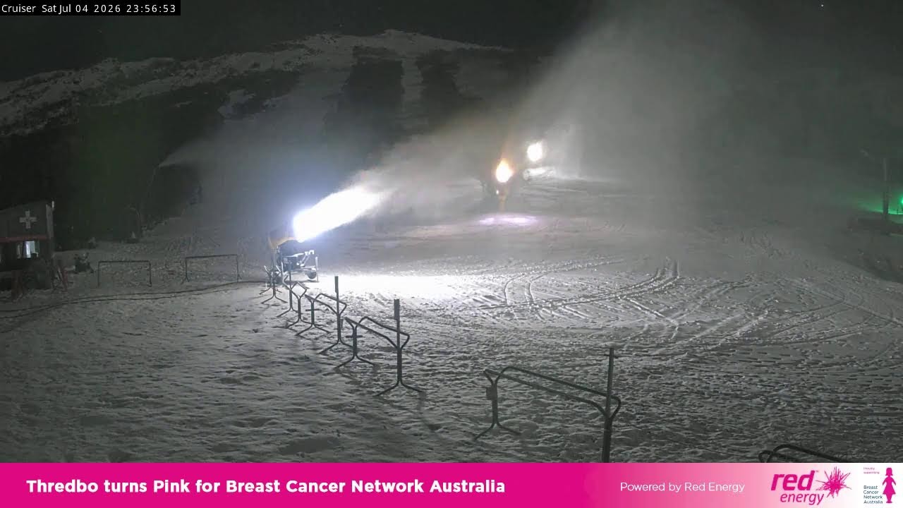 Thredbo Cruiser Area snow cam captured at 4 July 2026 at 11:58 pm AEST