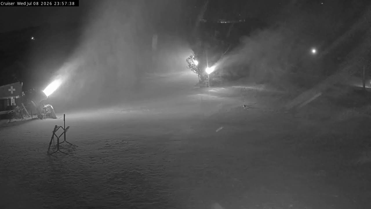 Thredbo Cruiser Area snow cam captured at 8 July 2026 at 11:58 pm AEST