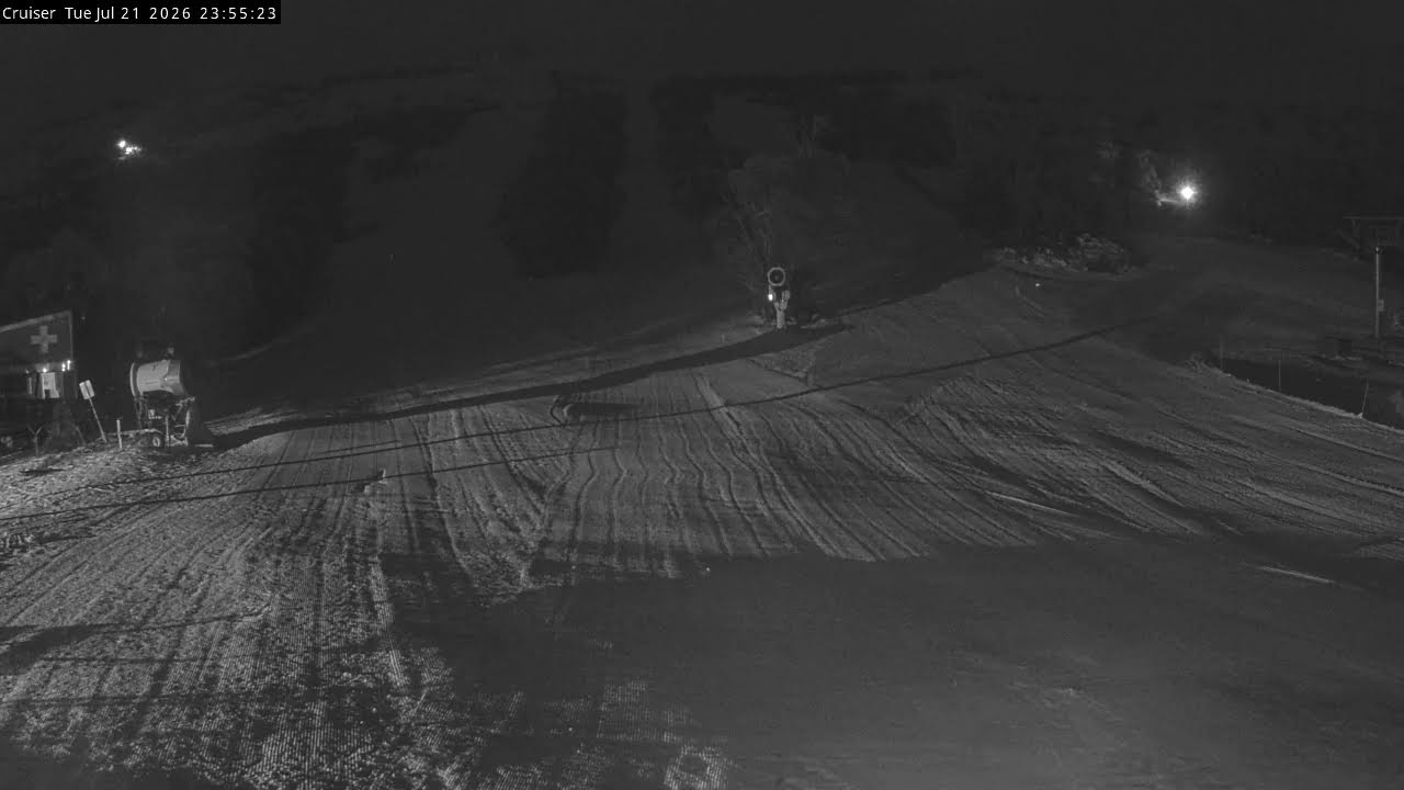 Thredbo Cruiser Area snow cam captured at 21 July 2026 at 11:57 pm AEST