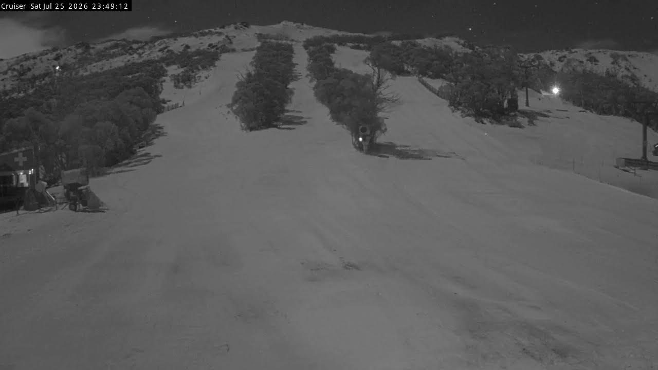 Thredbo Cruiser Area snow cam captured at 25 July 2026 at 11:54 pm AEST