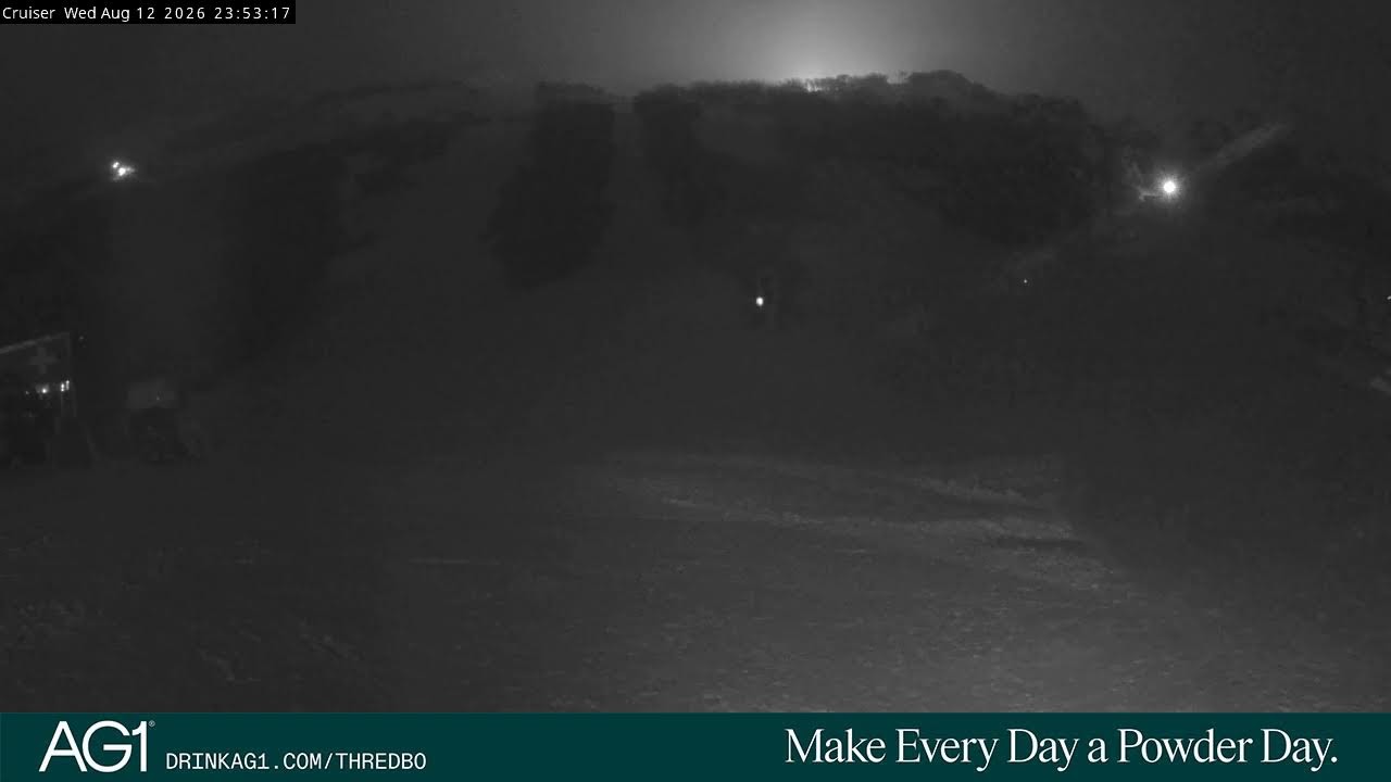 Thredbo Cruiser Area snow cam captured at 12 August 2026 at 11:57 pm AEST