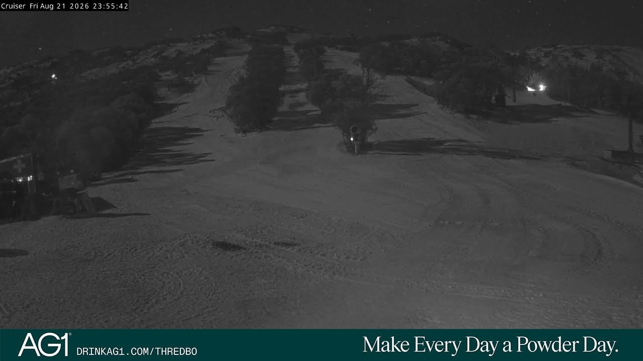 Thredbo Cruiser Area snow cam captured at 21 August 2026 at 11:57 pm AEST