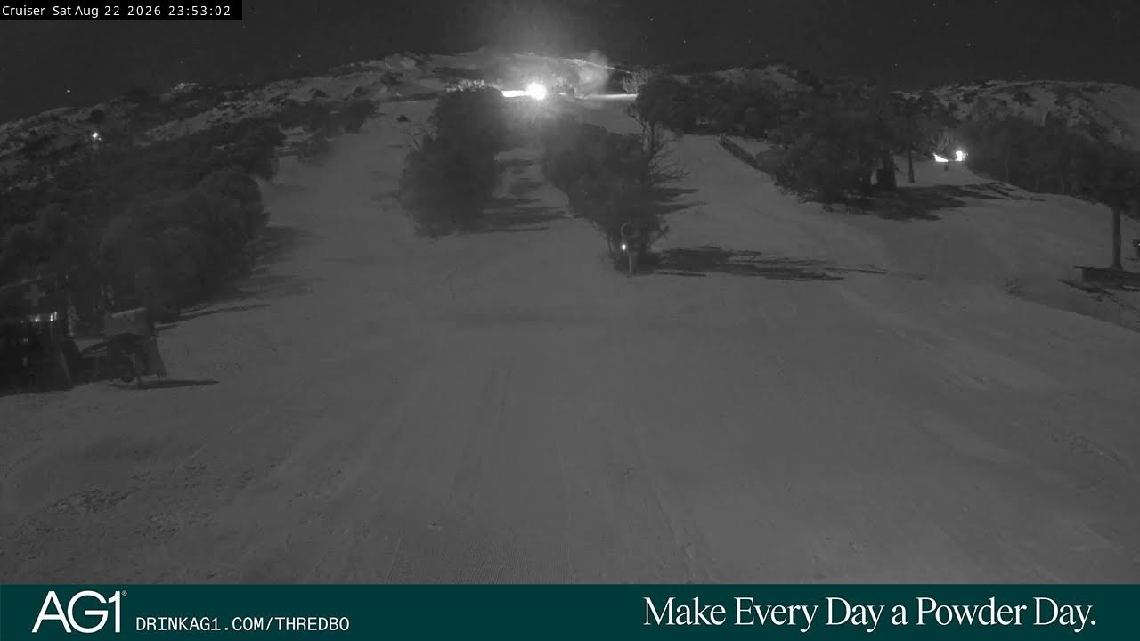 Thredbo Cruiser Area snow cam captured at 22 August 2026 at 11:57 pm AEST