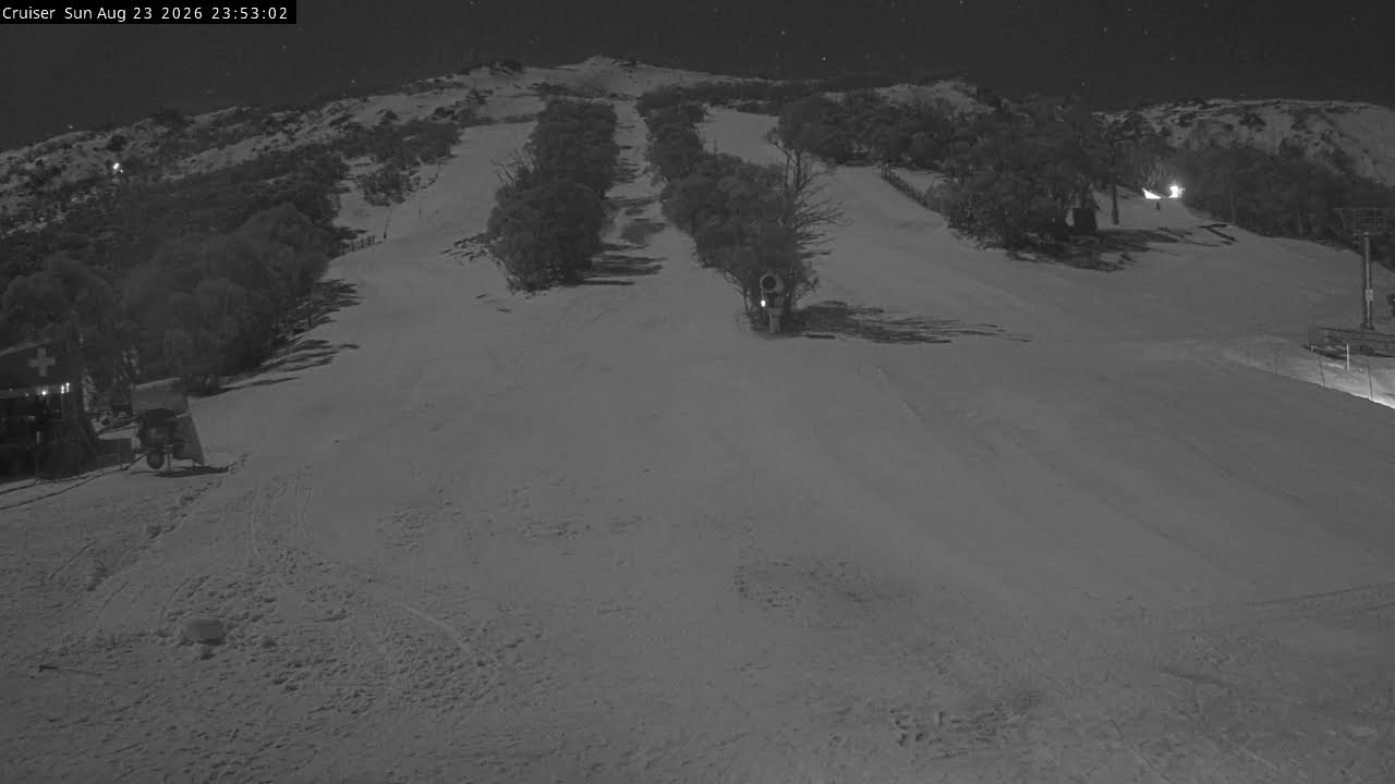 Thredbo Cruiser Area snow cam captured at 23 August 2026 at 11:57 pm AEST
