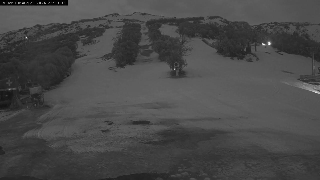Thredbo Cruiser Area snow cam captured at 25 August 2026 at 11:57 pm AEST