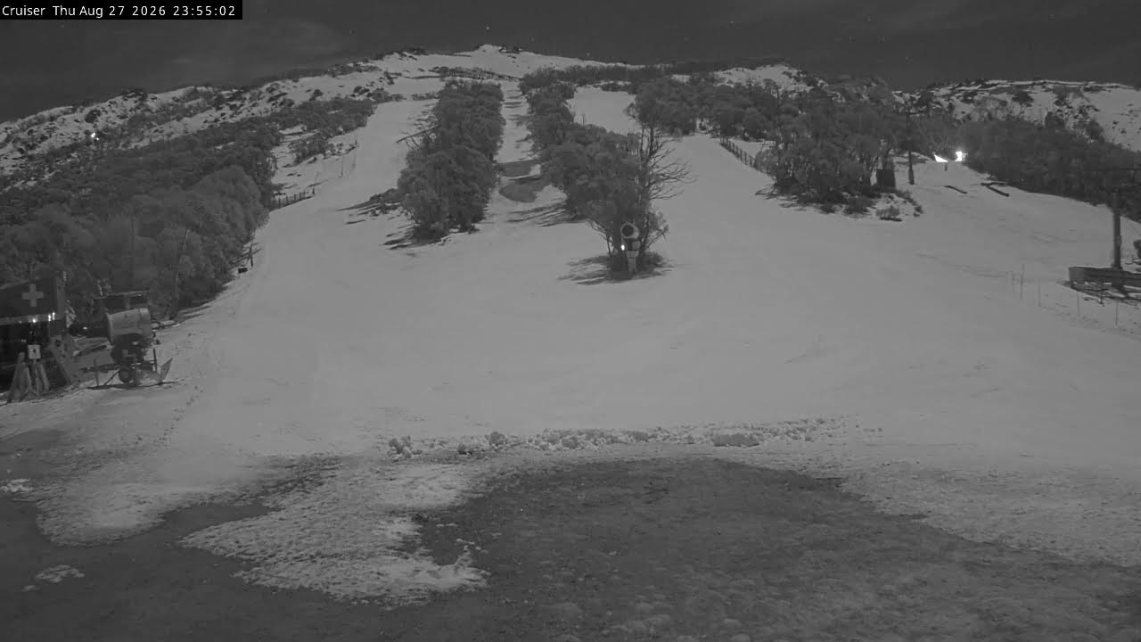 Thredbo Cruiser Area snow cam captured at 27 August 2026 at 11:57 pm AEST