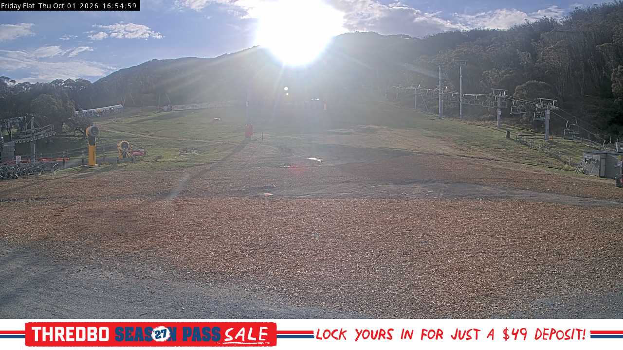 Thredbo Friday Flat snow cam captured at 1 October 2026 at 5:02 pm AEST