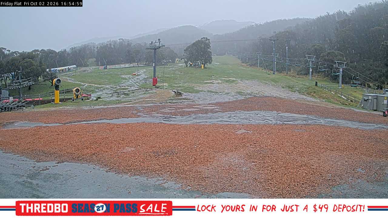 Thredbo Friday Flat snow cam captured at 2 October 2026 at 5:02 pm AEST