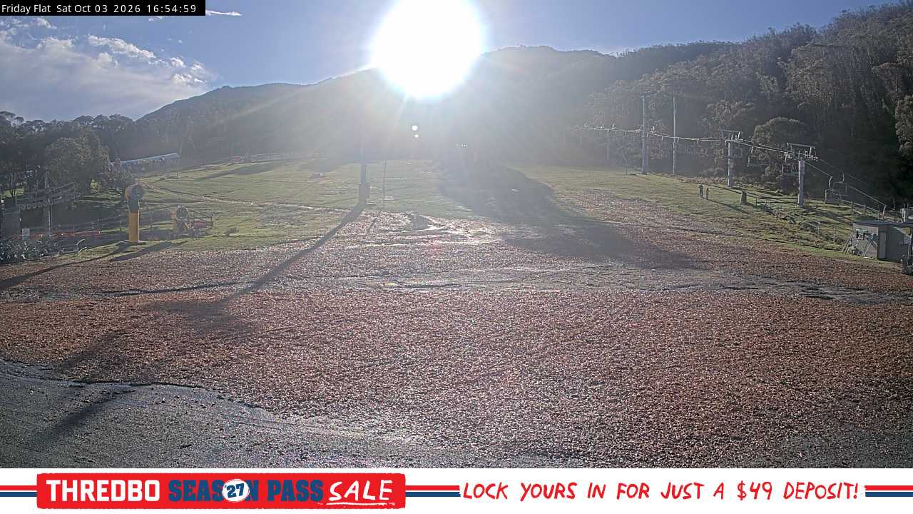 Thredbo Friday Flat snow cam captured at 3 October 2026 at 5:03 pm AEST