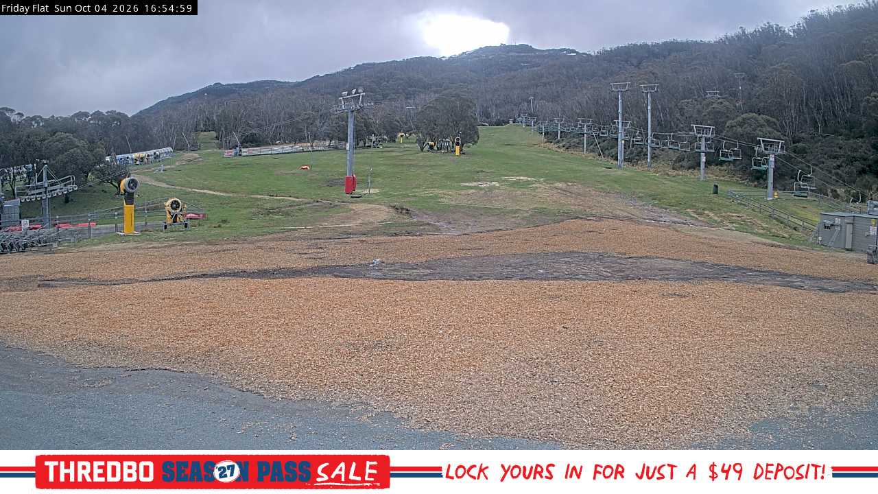 Thredbo Friday Flat snow cam captured at 4 October 2026 at 4:55 pm AEDT