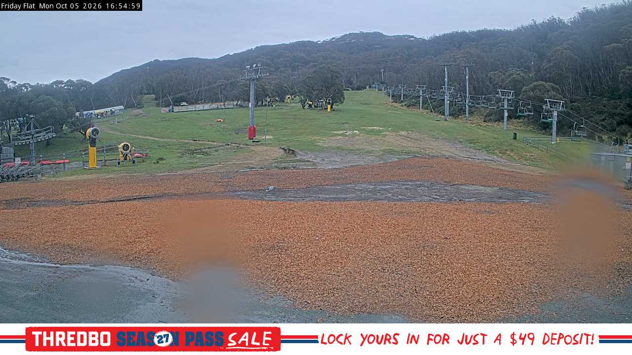 Thredbo Friday Flat snow cam captured at 5 October 2026 at 4:57 pm AEDT