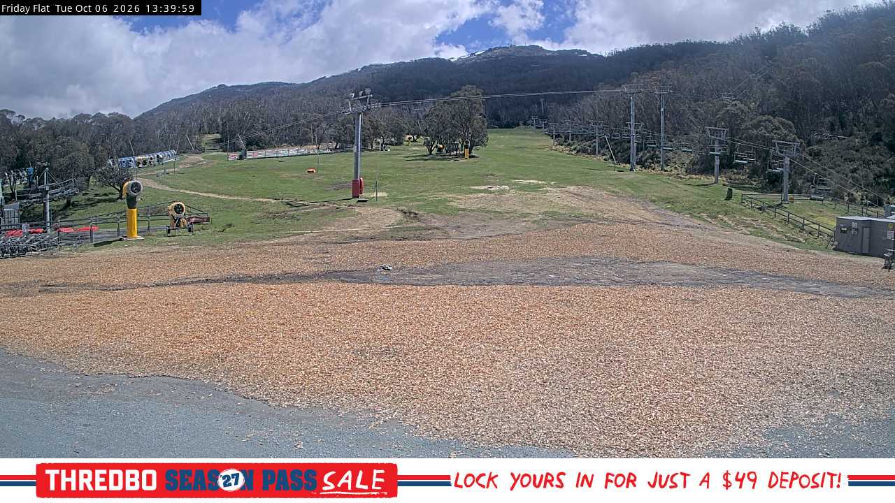 Thredbo Friday Flat snow cam captured at 6 October 2026 at 1:44 pm AEDT