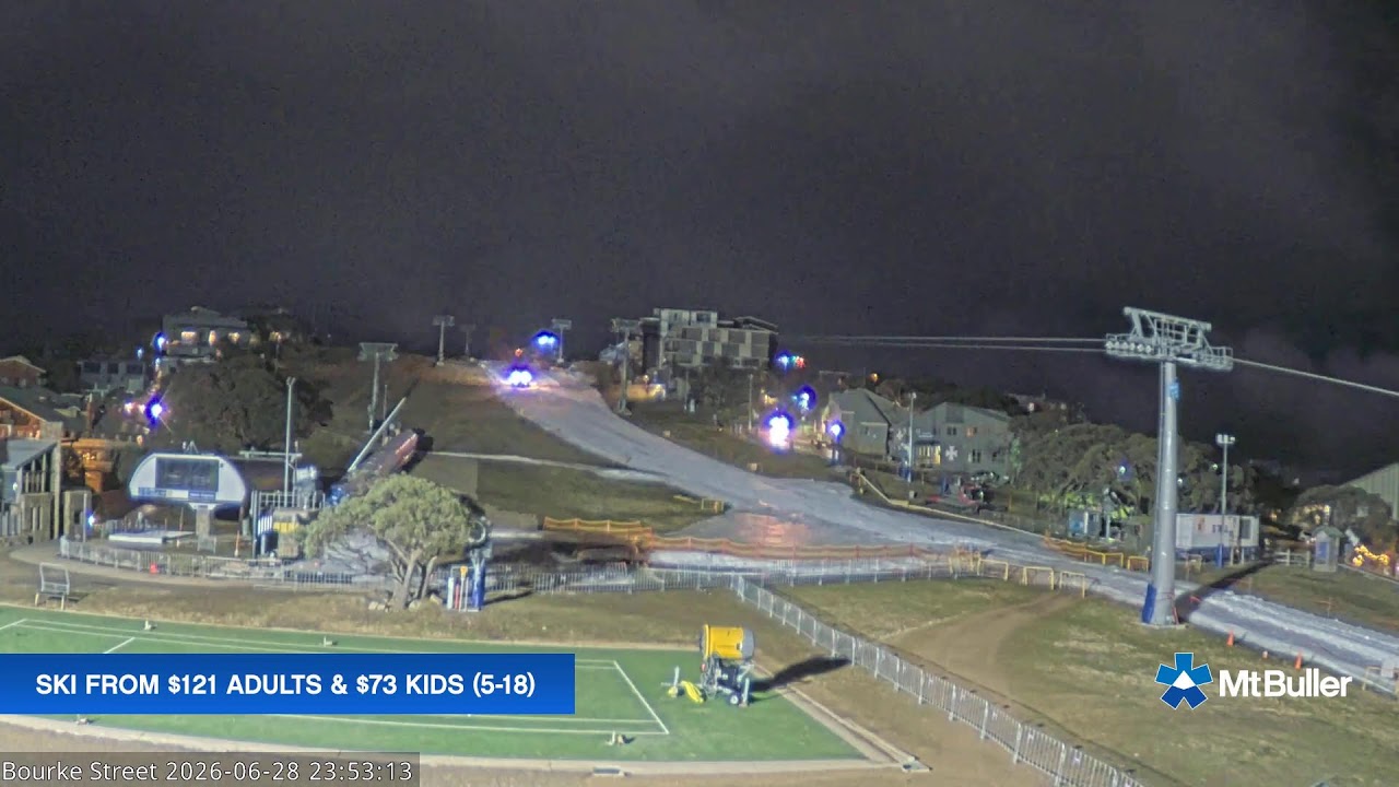 Mt Buller Bourke Street Live snow cam captured at 28 June 2026 at 11:55 pm AEST