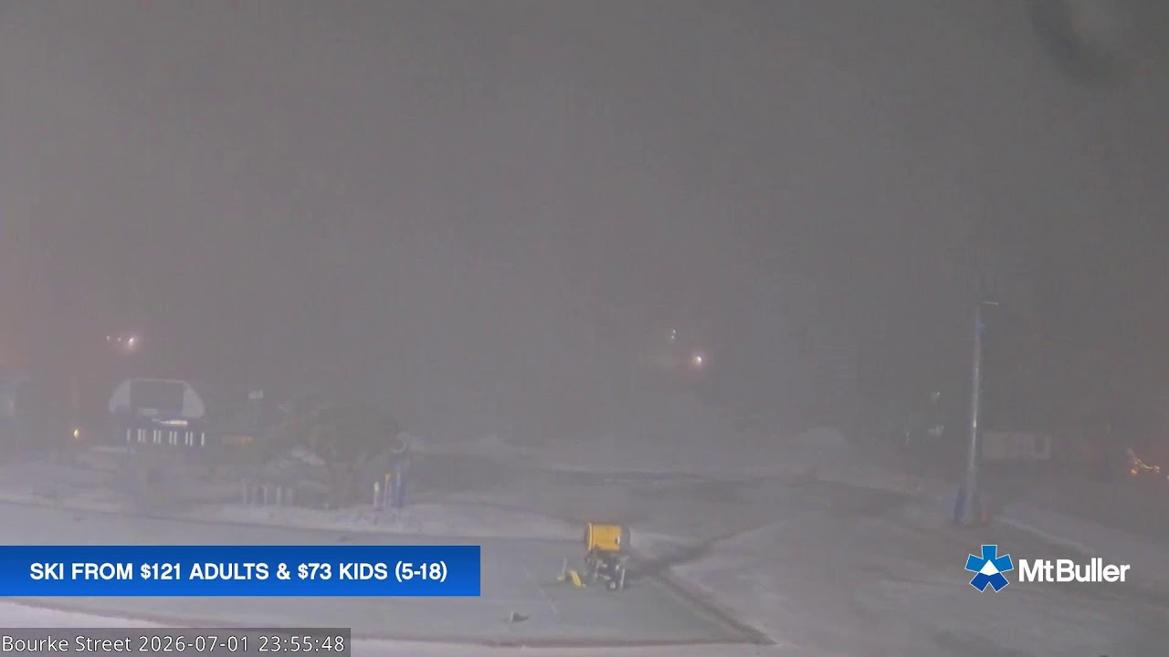 Mt Buller Bourke Street Live snow cam captured at 1 July 2026 at 11:58 pm AEST