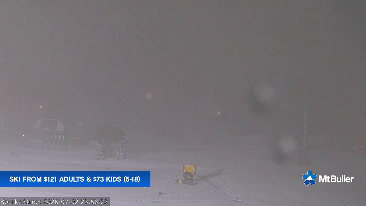 Mt Buller Bourke Street Live snow cam captured at 2 July 2026 at 11:58 pm AEST