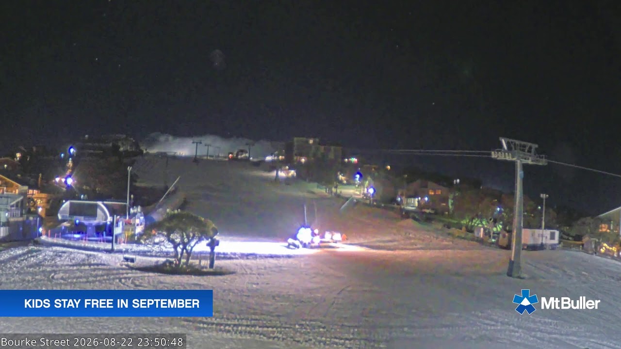 Mt Buller Bourke Street Live snow cam captured at 22 August 2026 at 11:55 pm AEST