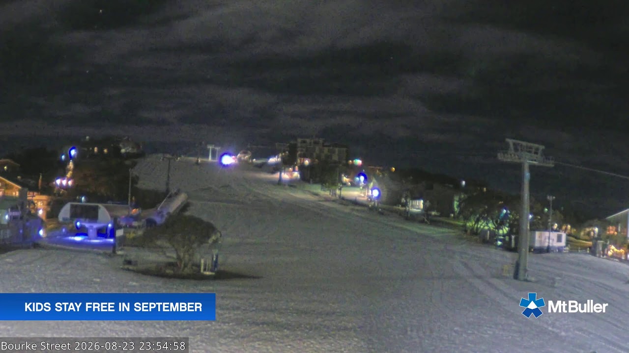 Mt Buller Bourke Street Live snow cam captured at 23 August 2026 at 11:55 pm AEST