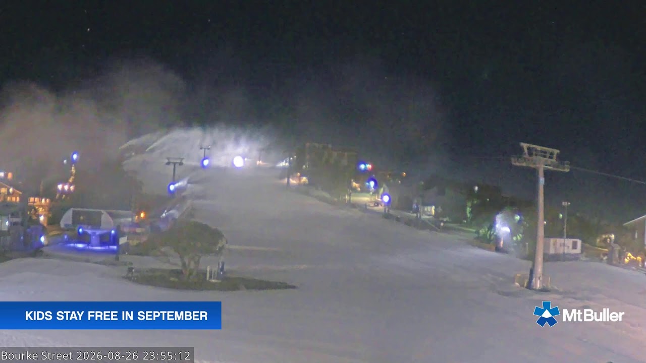 Mt Buller Bourke Street Live snow cam captured at 26 August 2026 at 11:55 pm AEST