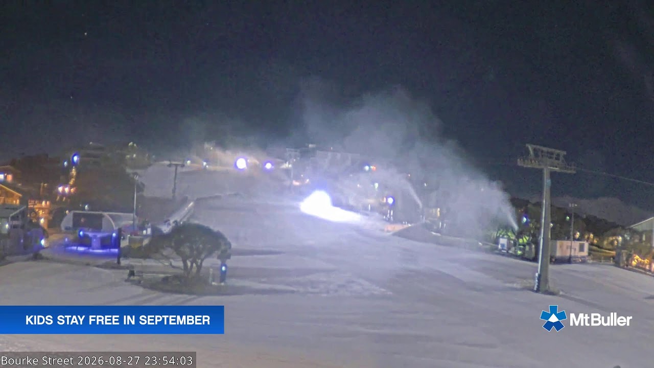 Mt Buller Bourke Street Live snow cam captured at 27 August 2026 at 11:55 pm AEST