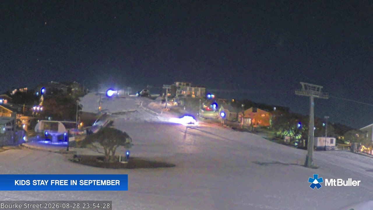 Mt Buller Bourke Street Live snow cam captured at 28 August 2026 at 11:55 pm AEST