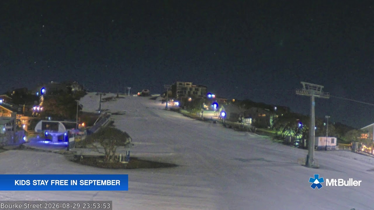 Mt Buller Bourke Street Live snow cam captured at 29 August 2026 at 11:55 pm AEST
