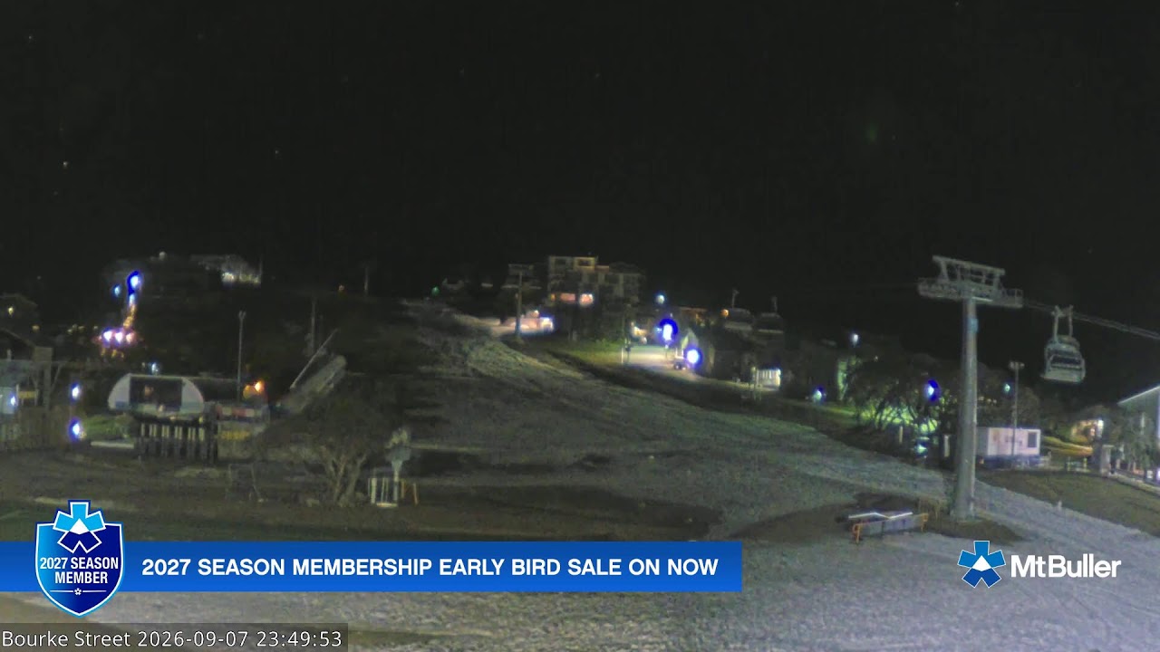 Mt Buller Bourke Street Live snow cam captured at 7 September 2026 at 11:54 pm AEST
