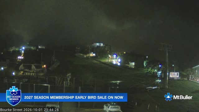 Mt Buller Bourke Street Live snow cam captured at 1 October 2026 at 11:44 pm AEST