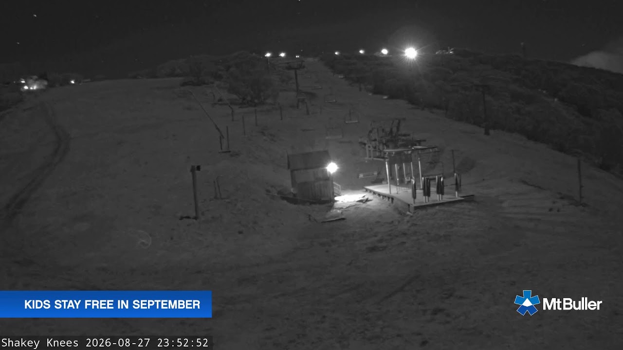 Mt Buller Shakey Knees Live snow cam captured at 27 August 2026 at 11:55 pm AEST