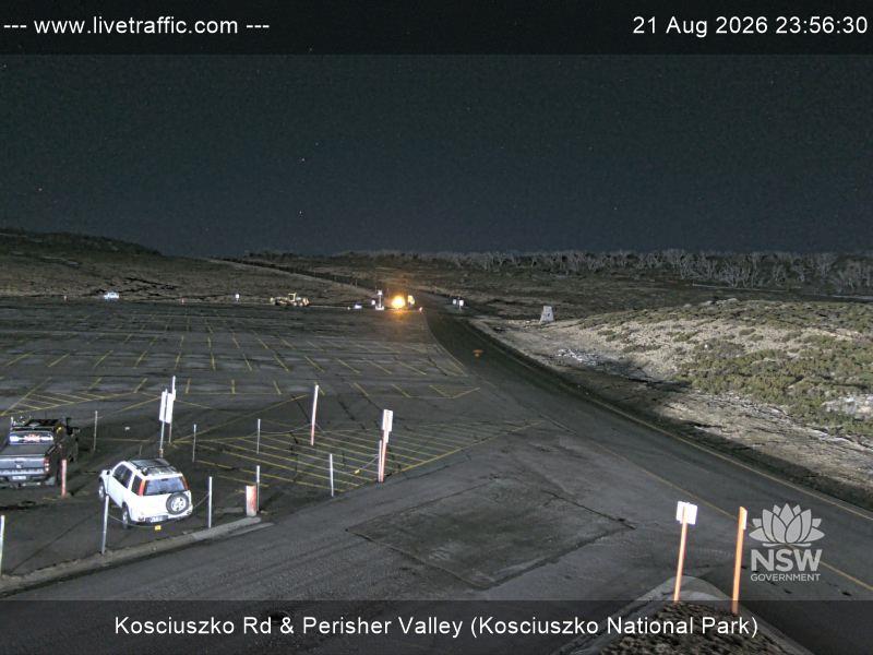 Perisher Perisher Valley Car Park Road snow cam captured at 21 August 2026 at 11:56 pm AEST