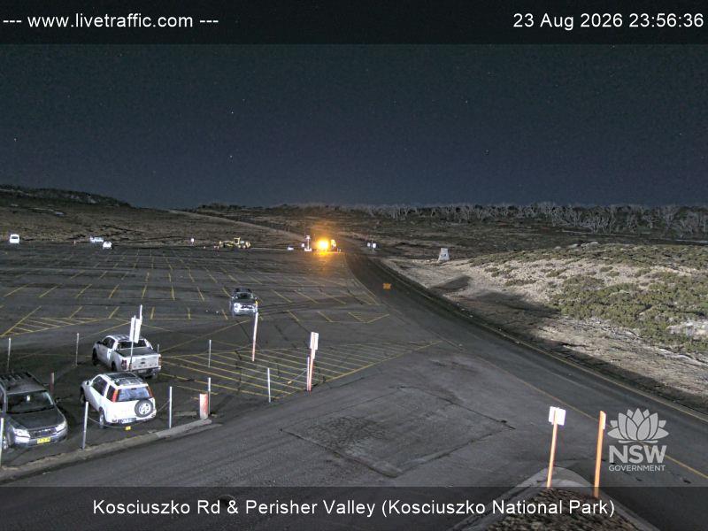 Perisher Perisher Valley Car Park Road snow cam captured at 23 August 2026 at 11:56 pm AEST