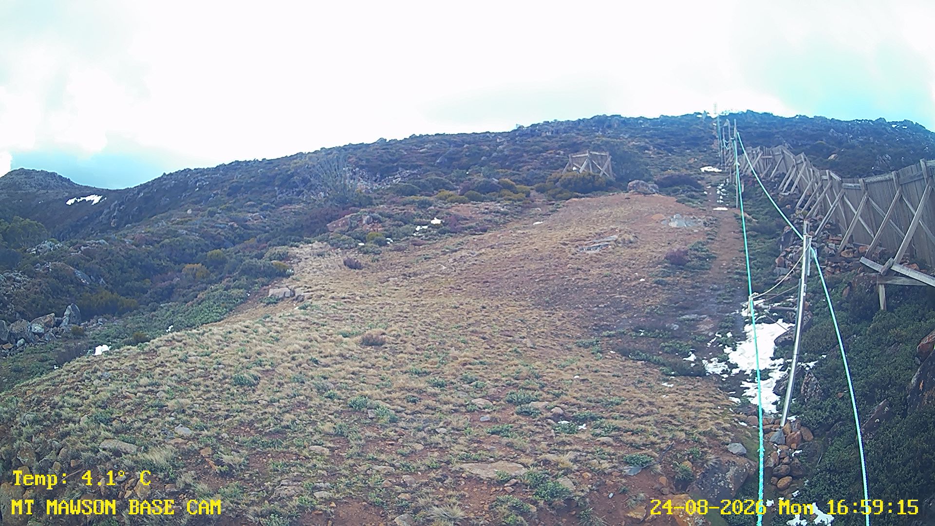 Mt Mawson Base Cam #1 snow cam captured at 24 August 2026 at 5:13 pm AEST
