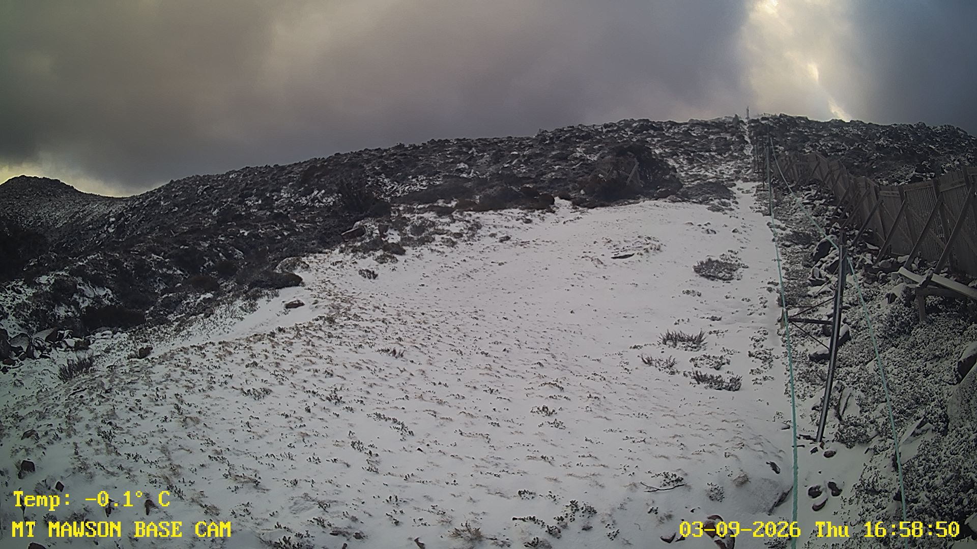 Mt Mawson Base Cam #1 snow cam captured at 3 September 2026 at 5:01 pm AEST